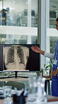 Woman, nurse and xray on computer screen for presentation, patient information and review case. Healthcare, medical professional and tech in hospital with scan imaging, treatment update and feedback