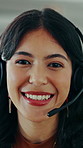 Face, woman and talk in call center with customer service, headset and feedback for technical support. Happy, person and speaking in office with telecom, IT troubleshooting and help desk for advice.
