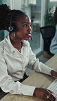Computer, woman and consulting with mic in call center for loan assistance, online support or CRM. Coworking, happy agent and talking with tech for insurance claim, policy update and customer service