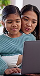 Elearning, child and mom help with laptop for online lesson, activity assistance and study support. Asian family, happy mother and kid with tech in home for education, explain assignment or homework