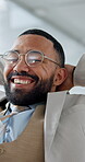 Glasses, relax and happy man with stretching in office for completed work, break or productivity. Business, eyewear and person with rest for project submission, satisfaction or finished with workload
