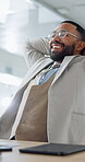 Computer, relax and happy man with stretching in office for finished tasks, break or productivity. PC, person and smile with rest for project submission, deadline completion and done with work target
