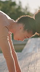 Woman, stretching and plank outdoor for yoga, fitness and holistic balance for wellness. Bokeh, female person and yogi in nature with cobra position, flexibility and practice pilates for self care