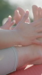 Hands, woman and stretching outdoor for yoga, fitness and morning routine for wellness. Feet, female person and muscle warm up in nature for getting ready, start yogi and stress relief for self care