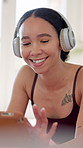 Tablet, headphones and woman in home for yoga, smile and click for online tutorial or fitness guide. Tech, audio and happy person with exercise app for pilates, health and video for lesson on floor