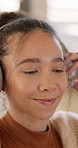 Streaming, dance and woman in home with headphones, song connection and groove to music playlist. Rhythm, digital and happy person in house with tech, feeling beat and radio subscription on audio app
