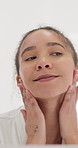 Skincare, mirror and woman in home to check skin, hydration and wellness for beauty with smile. Natural cosmetics, person and reflection in bathroom for facial inspection, touch and self care