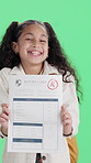 Happy, girl and face with report card on green screen for academic results on a studio background. Portrait, child or student with smile, celebration or good grades for education, term or success