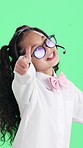 Agent, face or happy child with headset on green screen for school career day on a studio background. Portrait, girl or kid consultant with mic or thumbs up for junior consulting, success or dress up