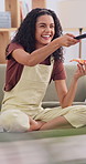 Fast food, watching tv and pizza with woman on sofa for Italian takeaway, streaming and lunch. Comedy show, happiness and movie with person and remote in living room in house for series and relax