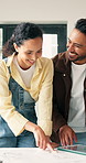 Smile, couple and blueprint at house for renovation, illustration and interior design for makeover. Happy, people and paperwork with floor plan for upgrade, remodeling structure and home improvement 