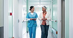 Hospital, clipboard and nurse with old woman in hallway for medical report, results and consulting. Walking, corridor and healthcare worker with patient for advice, feedback and talking for checkup