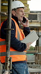 Engineer, phone call and tablet with man at building for property, architect or feedback. Inspection, communication and contractor with mature person on construction site for progress report