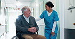 Happy, nurse and old man in wheelchair in hospital, rehabilitation or compassion for senior patient. Clinic, medical professional and elderly person with disability, kindness and empathy with gesture