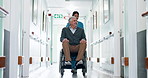 Walking, nurse and old man in wheelchair at hospital for appointment, checkup and medical care. Healthcare, corridor and person with patient for assistance, discharge and help after consultation