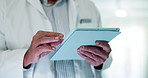 Tablet, man and hands of doctor in hospital with research for diagnosis, treatment or telehealth. Digital technology, scrolling and mature healthcare worker with medical information in clinic.