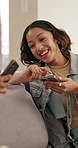 Happy, phone and friends on sofa for talking, conversation and social media on weekend together. Relax, home and people on cellphone for online message, chat or gossip for bonding, chill and hangout
