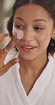 Friends, skincare and woman with eye mask in home for dark circles, pamper and bonding on weekend. Morning, happy and people with pads for wellness, healthy skin and beauty together for self care