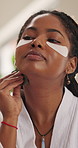 Beauty, gua sha and woman with eye mask in home for skincare routine, lymphatic drainage and health. Morning, dermatology and person with jade stone for smooth skin, massage and cosmetic benefits