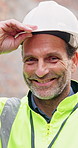 Architect, face and man with helmet, outdoor and confident with protection for construction project. Happy, civil engineer and mature person with hard hat, safety compliance and property development