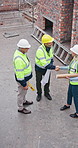 Architect, handshake and people with blueprint, meeting and plan for property development and above. Civil engineer, shaking hands and mature colleagues on construction site, happy team and agreement