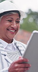 Architect, laughing and woman with tablet on building site, online and reading good news on website. Outdoor, construction and mature person with technology, happy and positive feedback for project