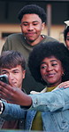 Student, friends or selfie with smile in school for picture, memory or outdoor reunion together. Happy, group or learners with photography for capture moment or social media post in college or campus