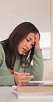 Stress, classroom and teacher with papers for grading, exam results or review answers at school. Frustrated, confused and woman with student test, quiz or assignment for failure, mistakes and marking