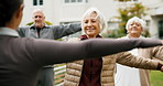 Exercise, instructor and senior people outdoor for wellness, active and muscle strength for mobility. Retirement, garden and woman with elderly group for fitness club, balance and movement for health