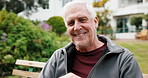 Laugh, outdoor and face of senior man with positive attitude, relax and good mood on weekend. Happy, confident and portrait of elderly person with pride for retirement or pension on holiday in nature
