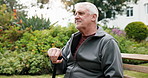 Thinking, happy and old man with cane on bench for fresh air, breathing and reflection in garden. Retirement, break and elderly person with walking stick outdoor for wellness, memory and nostalgia