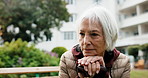 Thinking, retirement and old woman with cane on bench for fresh air, breathe and reflection in garden. Pensioner, break and senior person with walking stick outdoor for wellness, memory and nostalgia