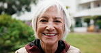 Happy, outdoor and face of senior woman with positive attitude, relax and good mood on weekend. Laugh, confident and portrait of elderly person with pride for retirement or pension in nature.