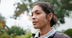 Mindfulness, meditation and woman at park, think or spiritual awareness for mental health in nature. Outdoor, fresh air and person on break, breathing and healing with inner peace and wellness