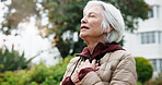 Mindfulness, meditation and old woman in nature, thinking and spiritual awareness for mental health. Outdoor, fresh air and senior person on break, breathing and happy with inner peace and wellness