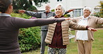 Stretching, movement and senior people outdoor for wellness, exercise and active for mobility. Retirement, garden and woman with elderly group for fitness session, balance and warm up for health