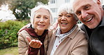 Nature, selfie and face of senior people with positive attitude for bonding, connection or relax. Smile, group and portrait of elderly friends blowing kiss outdoor for photography picture in backyard