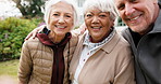 Happy, selfie and face of senior people with positive attitude for bonding, connection or relax. Smile, group and portrait of elderly friends in nature for calm, good mood or peace in backyard.
