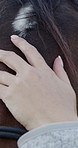Hands, person and petting in nature with horse, interaction and connection for horseback riding. Woman, touch and affection in countryside with equestrian, companion animal and nurturing for bonding