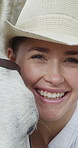 Face, woman and smile outdoor with horse, interaction and adventure for horseback riding. Portrait, person or nurturing in countryside with equestrian, companion animal and pet care for rural tourism