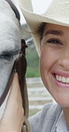 Face, woman and happy in nature with horse, interaction and adventure for horseback riding. Portrait, person and smile in countryside with equestrian, companion animal and pet care for rural tourism