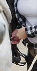Hands, cowgirl and horse preparation on ranch with saddle fitting, rider safety or riding routine. Equestrian, woman and getting ready with animal for equine hobby, protection gear or tack adjustment
