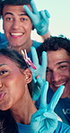 Selfie, face or volunteer team with peace sign, outdoor picture or digital memory in ngo campaign. POV, charity or happy people with emoji, bonding photo or social media post for outreach project.