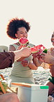 Beach, group and friends with watermelon for smile, toast and bonding together on vacation. Seaside, people and relax on summer holiday with snack, fruit or travel with cheers for reunion trip