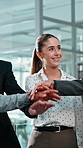Team, hand stack and business people in office, solidarity or celebration for financial achievement. Company, success and high five with colleagues, applause and happy for investment opportunity