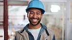 Happy, man and face of construction worker on site with confidence for property remodeling. Smile, about us and portrait of civil engineer with pride for renovation, repairs or building maintenance.