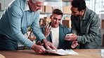 Man, multitask and logistics worker in office with distribution, shipping or delivery deadline. Stress, chaos and supply chain manager with overwhelming workload for documents, boxes or clipboard.