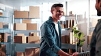 Smile, small business and men with handshake for logistics, welcome or supplier partnership. Supply chain, people and shaking hands for management, agreement or delivery startup for distribution