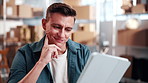 Tablet, man and logistics worker in office with online information for order, distribution or delivery. Smile, digital technology and supply chain manager in workplace for inventory with cargo.