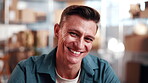 Shipping, face and happy man with pride in small business, laughing or cargo distribution in factory. Entrepreneur, portrait and person with smile, supply chain and confident with stock in warehouse